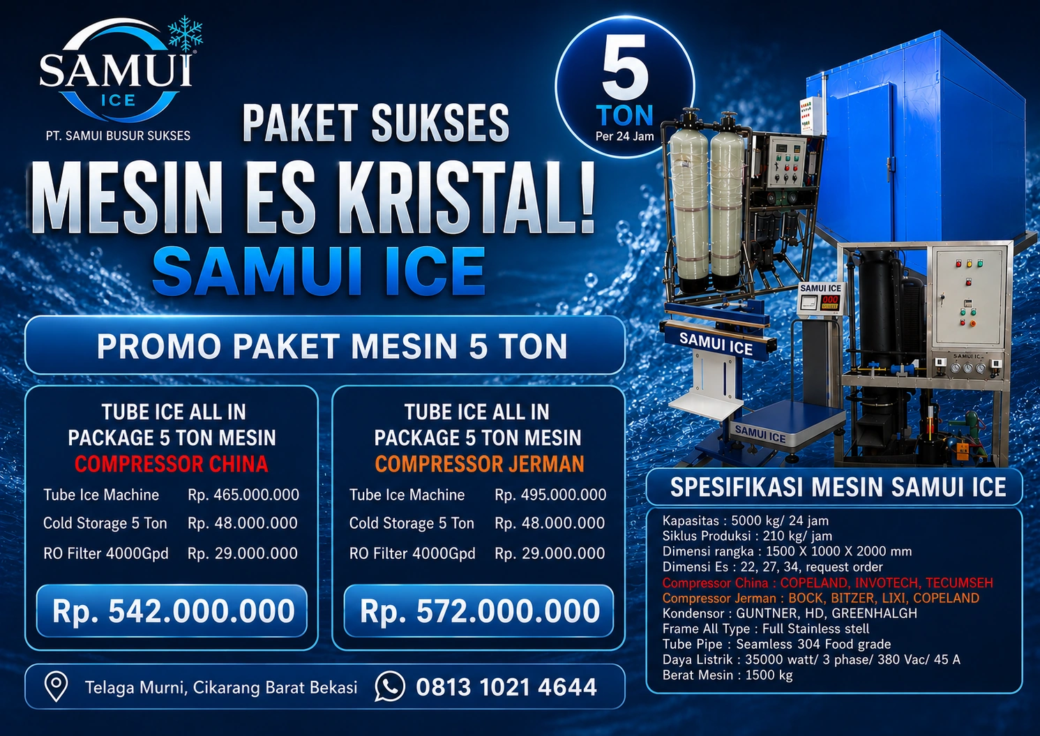 Paket usaha mesin es kristal SAMUI 5 ton dengan pilihan compressor China dan Jerman